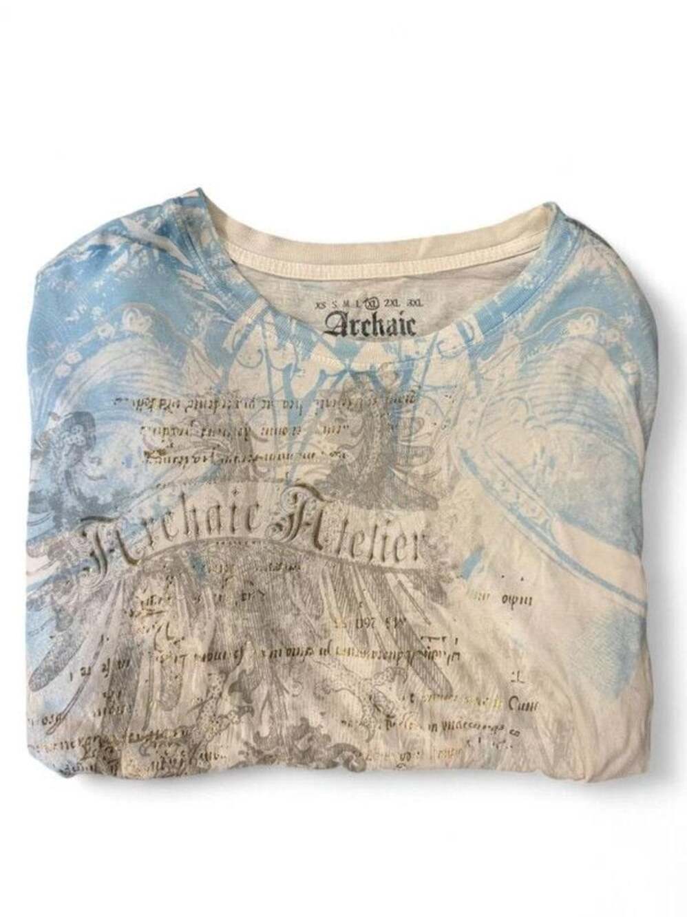 Y2K Archaic Blue & White Graphic T-Shirt 100% Cotton Men’s Size XL